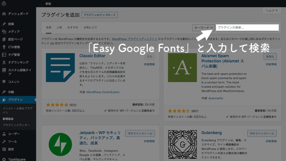 プラグイン　検索　easy google fonts